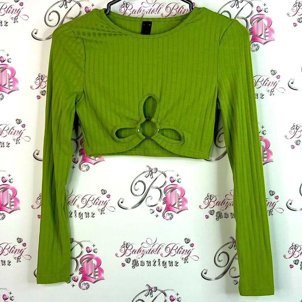 SHEIN top cropped long sleeve cut outs Olive Green Cutout Long Sleeve Crop Top